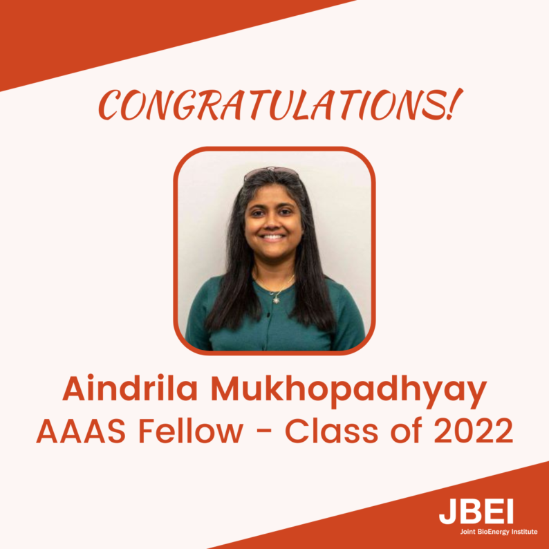 A photo of researcher Aindrila Mukhopadhyay and a message congratulating her on being elected as an AAAS fellow